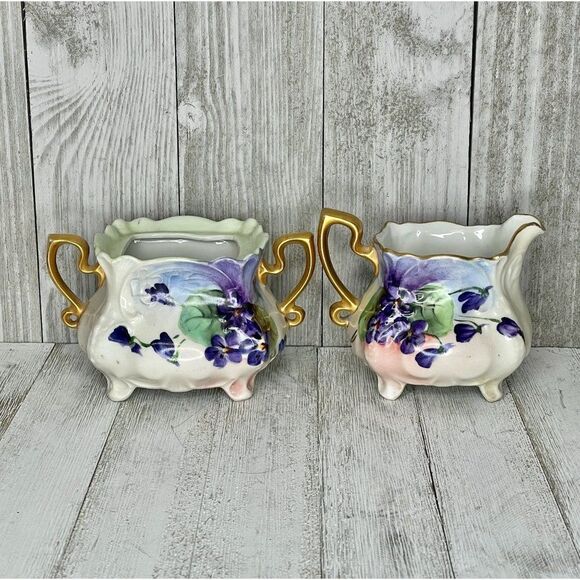 Hand Painted Porcelain Cream and Sugar Set Germany Violets - Picture 2 of 10